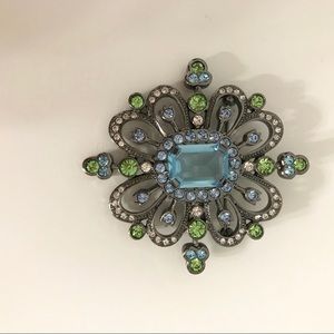 Vintage Brooch with Blue and Green  Rhinestones